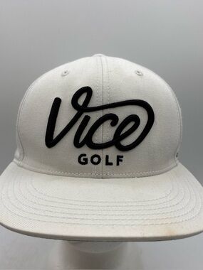 Vice Golf Crew Cap Men White Flat Bill Embroidered Script Logo SnapBack Hat OSFM